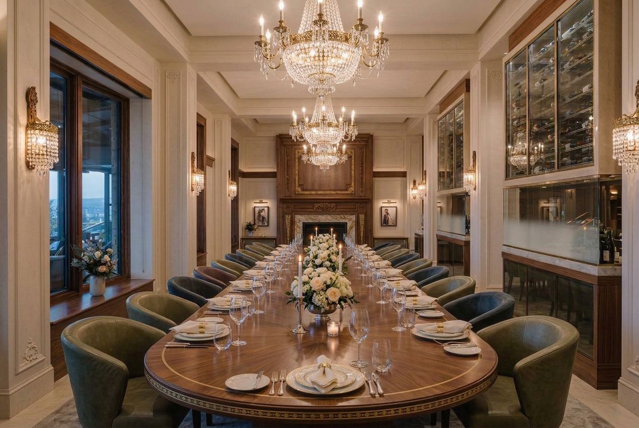 An ornate dining room with a long table set with flowers, candles and fine dinnerware